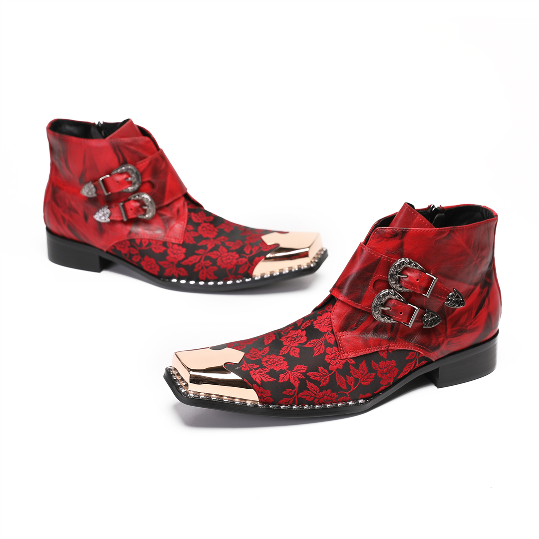 Men Shoes Formal - Botas 冬赤花柄男性イブニングパーティーフォーマルアンクルブーツプラスサイズバックルストラップオートバイショートブーツビジネス革靴