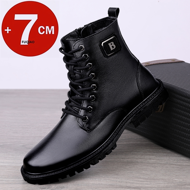 Men Shoes Formal - メンズ本革エレベーターブーツ 冬用暖かい裏地付きジップアップアンクルブーツ 7cm隠し身長アップ ビジネスフォーマルカジュアル用