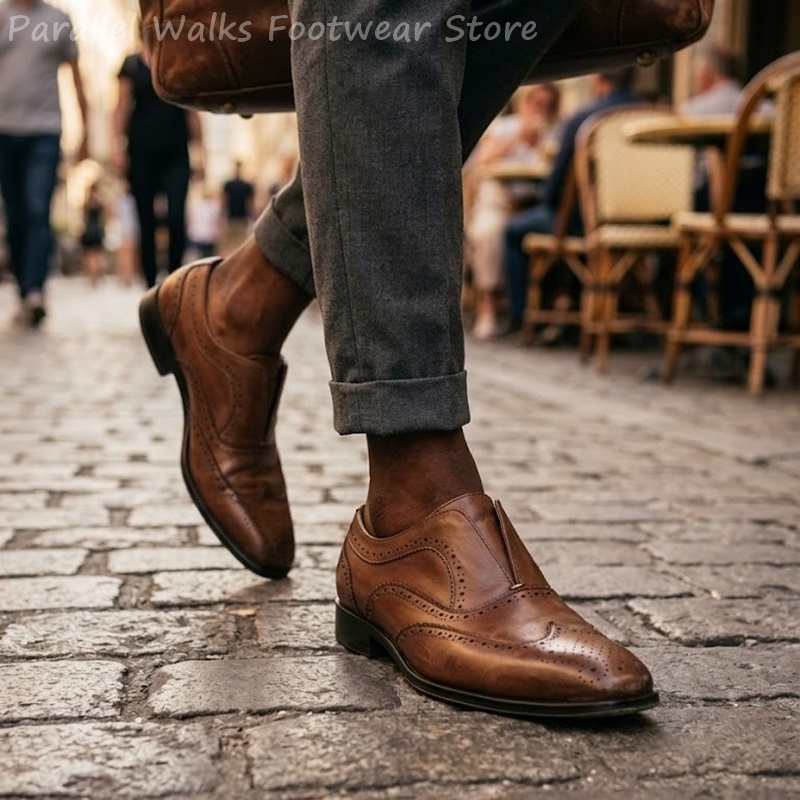 Men Shoes Formal - メンズブラウンレザーブローグシューズスリッポン弾性穴あきウィングチップフォーマルイブニングパーティードレスシューズオックスフォードクラシックローファーシューズ