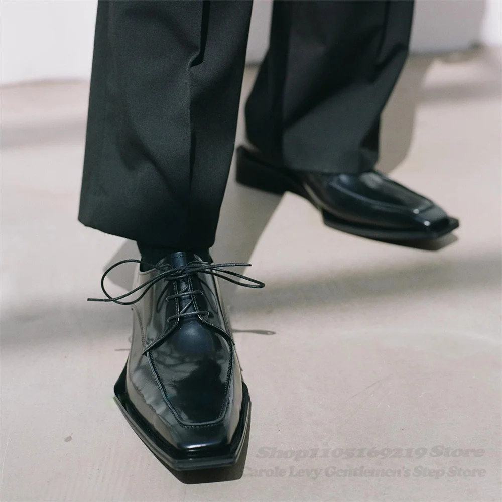Men Shoes Formal - 黒のパテントレザー メンズ 4cmヒール ブリティッシュスタイル 通勤用ダービーシューズ 新品