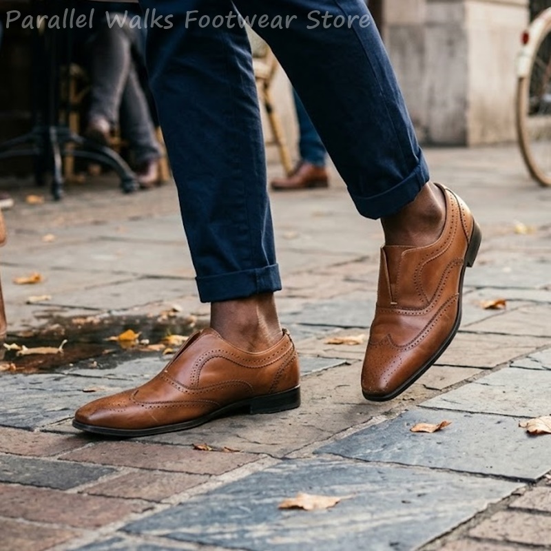 メンズブラウンレザーブローグシューズスリッポン弾性穴あきウィ - Men Shoes Formal のレビューと価格