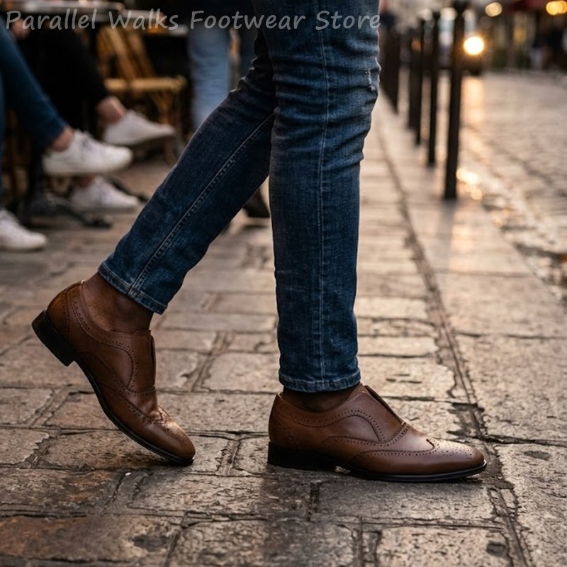 メンズブラウンレザーブローグシューズスリッポン弾性穴あきウィ - Men Shoes Formal のレビューと価格